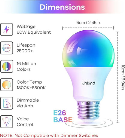 Linkind Smart Light Bulbs 1pk, Color Changing Light Bulbs Work with Alexa & Google Home, WiFi Smart Bulb 800LM Dimmable, 9W equivalent 60W Alexa LED Bulb A19 E26, Preset Scenes, 2.4Ghz WiFi Only