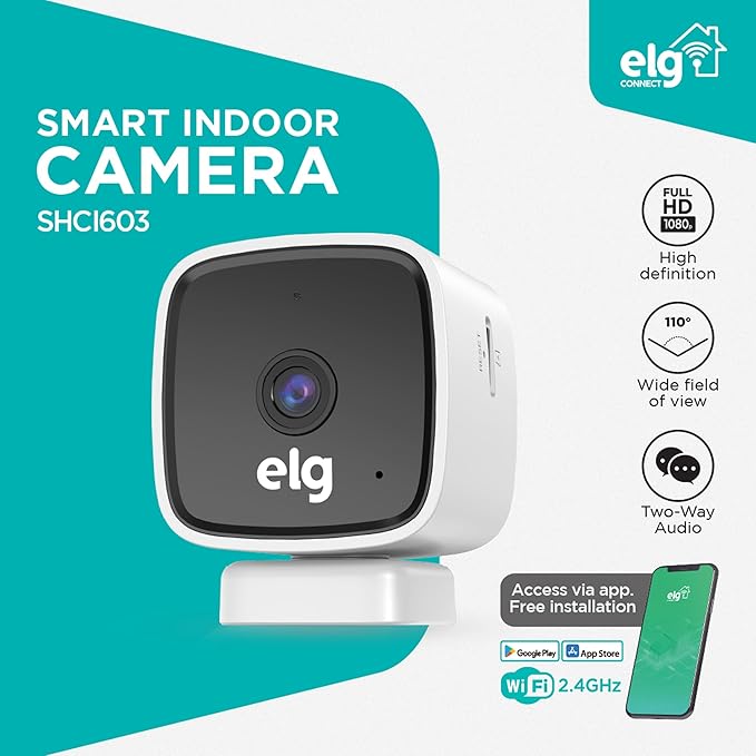 ELG Smart Indoor Wi-Fi Security Camera 1080P Full HD with Night Vision, Two-Way Audio, Motion & Sound Detection, Cloud and Local Storage, App Control for Home Monitoring