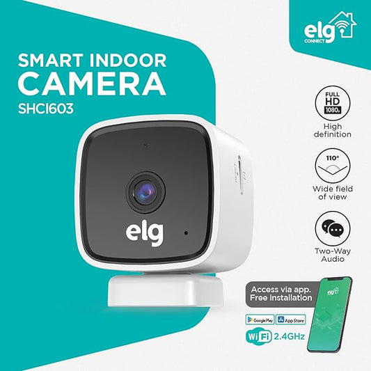 ELG Smart Indoor Wi-Fi Security Camera 1080P Full HD with Night Vision, Two-Way Audio, Motion & Sound Detection, Cloud and Local Storage, App Control for Home Monitoring