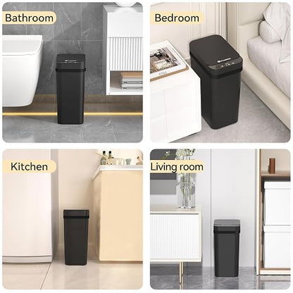 FRESHLIX 3 Pack Bathroom Trash Can 2.6 Gallon Small Touchless Automatic Motion Sensor Trash Cans Slim Waterproof Garbage Bin with Lid for Kitchen, Office, Bedroom Black
