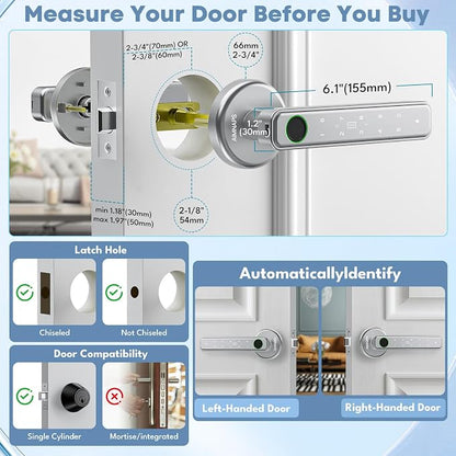 Fingerprint Door Lock, Door Locks for Bedroom, Keyless Entry Door Knob with Handle,Generate Passcode Remotely-Smart Door Lock for Apartment, Office (Silver 02)