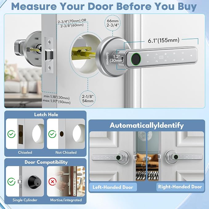 Fingerprint Door Lock, Door Locks for Bedroom, Keyless Entry Door Knob with Handle,Generate Passcode Remotely-Smart Door Lock for Apartment, Office (Silver 01)
