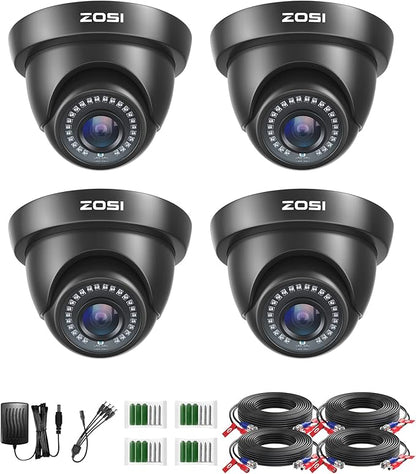 ZOSI 4 Pack 1080p 2MP HD-TVI Home Security Camera Outdoor Indoor 1920TVL, Weatherproof Surveillance CCTV Black Dome Camera, 80ft Night Vision, 24PCS LEDs, 90°View Angle
