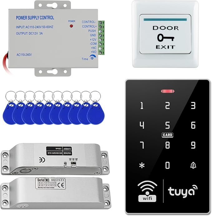 Tuya Access Control Kit with Electric Bolt Lock | Complete kit incl keypad, electric bolt lock, exit button, 36W PSU, IP68, 1000 users, IC/ID, 10 blue cards