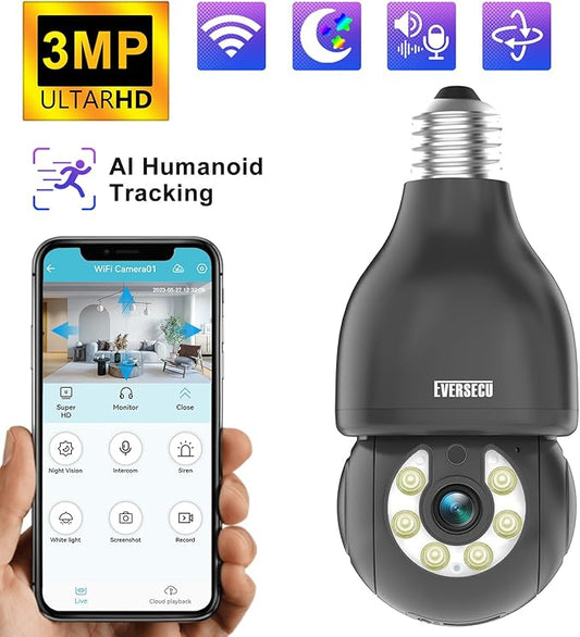 EVERSECU HD 2K 3.0MP Wireless Light Bulb Security Camera with E27 Light Connector, Motion Auto Tracking, 2 Way Audio, Spotlight Night Vision, Free APP, WiFi Screw-in CCTV Camera, Black(4pack)