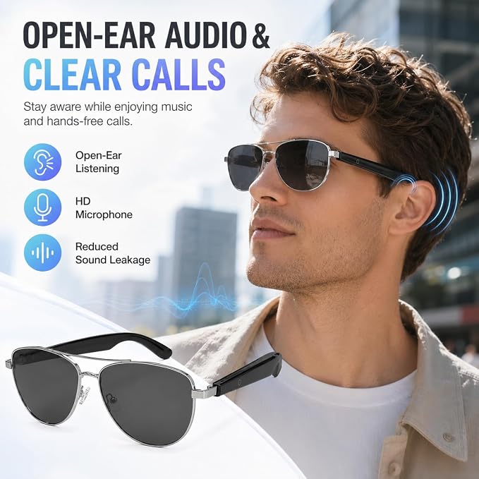 Smart Audio Glasses, Open Ear Bluetooth Sunglasses with Anti-Blue Light and UV Protection Lenses, Wireless Hands-Free Calling and Music for Driving, Business and Daily Wear