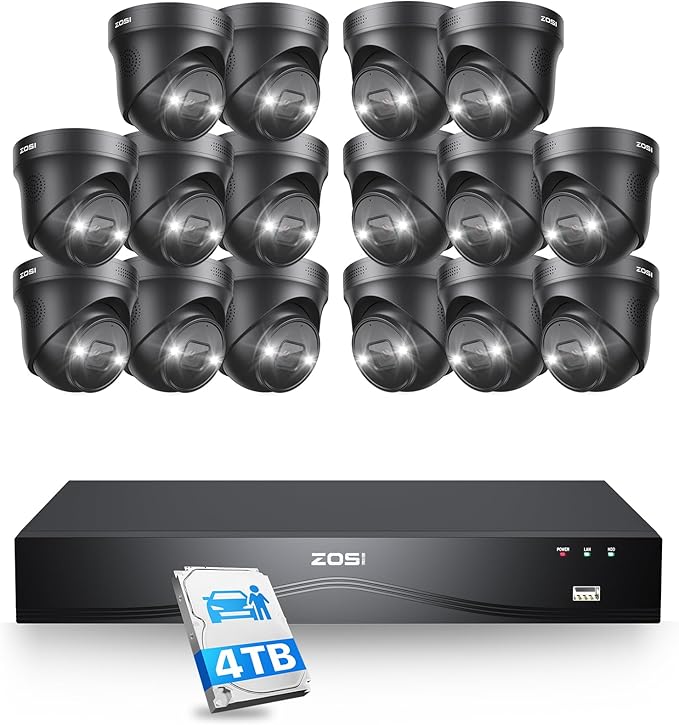 ZOSI 24CH 4K PoE Security Camera System, Face Person Vehicle Detection, 16pcs 4K Outdoor Spotlight PoE Cameras, 2 Way Audio, Night Vision, 24CH 8MP Dual Disk NVR with 4TB HDD for 24/7 Recording