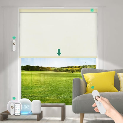 Motorized Blinds with Remote [100% Blackout & Silent Motor] Smart Blinds Compatible with Alexa Google HomeKit, Electric Roller Shades for Indoor Windows, Customized Size, Cloud Beige