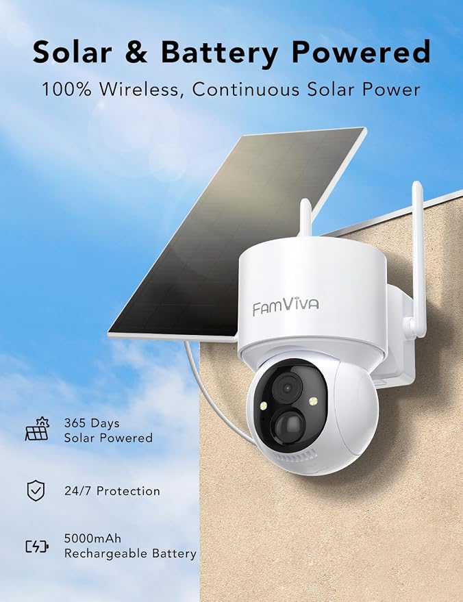2K Solar Security Cameras Wireless Outdoor, 360°PTZ Battery Powered Cameras for Home Security, 2.4G WiFi Outdoor Camera with Color Night Vision, IP66 Waterproof, Motion Sensor Alarm, White-4P