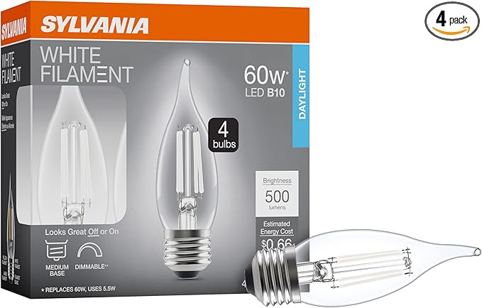 Sylvania B10 Clear LED White Filament Bulb, 5.5W, Dimmable, 500 LMS, Medium Base, 5000K, Daylight - 4 Pack (42255)