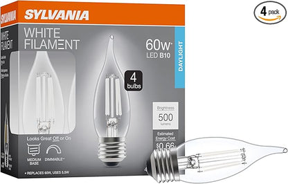 Sylvania B10 Clear LED White Filament Bulb, 5.5W, Dimmable, 500 LMS, Medium Base, 5000K, Daylight - 4 Pack (42255)