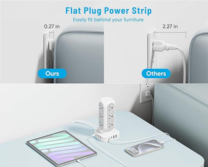 TenTrend 65W Fast Charging Station, Flat Plug Power Strip Tower with 12 AC Outlets & 8 USB Ports (2 PD USB-C Ports), 10FT Extension Cord, Compatible for MacBook Pro, iPhone Series.