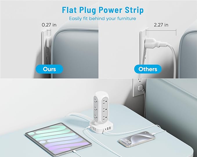 Flat Plug Power Strip Tower 15FT, 40W Total Fast Charging Station, Dual PD 20W USB-C Surge Protector with 12 AC Outlets and 8 USB Ports (4 USB C), Long Extension Cord for Home Office Dorm Room
