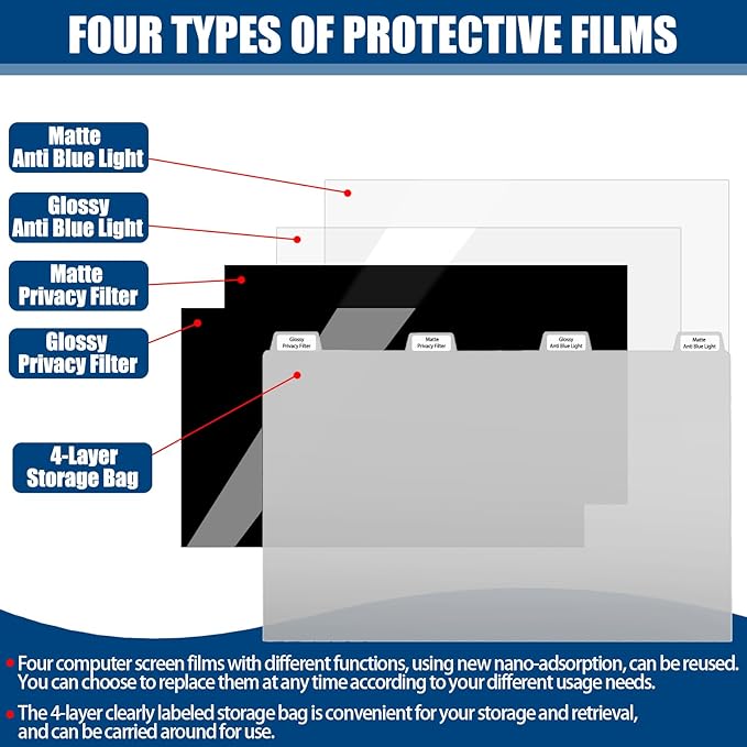 [4 Pack] 15.6 Inch Laptop Privacy Screen for 16:9 Aspect Ratio - 15.6 Inch Anti Blue Light Screen Protector Removable Anti-Scratch Privacy Shield Screen 15.6in