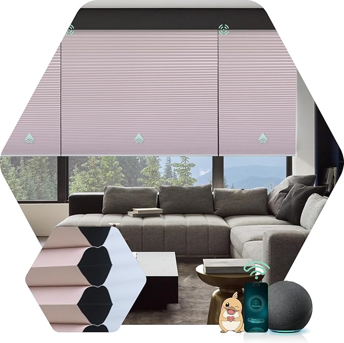 Yoolax Motorized Cellular Shades Compatible with Alexa, Blackout Motorized Blinds with Remote Smart Honeycomb Shades for Indoor Windows, Automatic Blinds Custom Size (Light Pink)