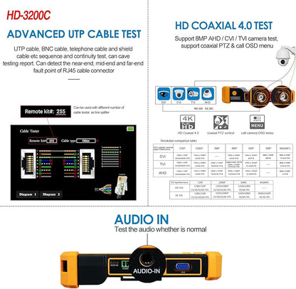 Rsrteng HD-3200C CCTV Tester HD Coaxial 4K 8MP TVI/CVI/AHD/SDI/CVBS Camera Tester with Cable Tracer 5 inch TFT-LCD Screen Monitor 5 in1Support Support RS485 Audio HD VGA DC12V Output PTZ Control