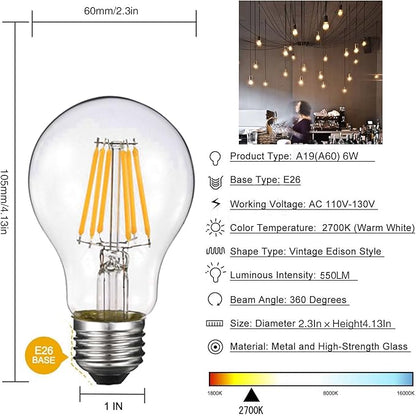 Vintage Edison LED Bulb, Dimmable 6W A19 Antique LED Bulb, 60 Watt Equivalent for Ceiling Fan and Pendant Lighting, E26 Clear Glass Cover, Soft Warm White 2700k, 550LM, Pack of 6