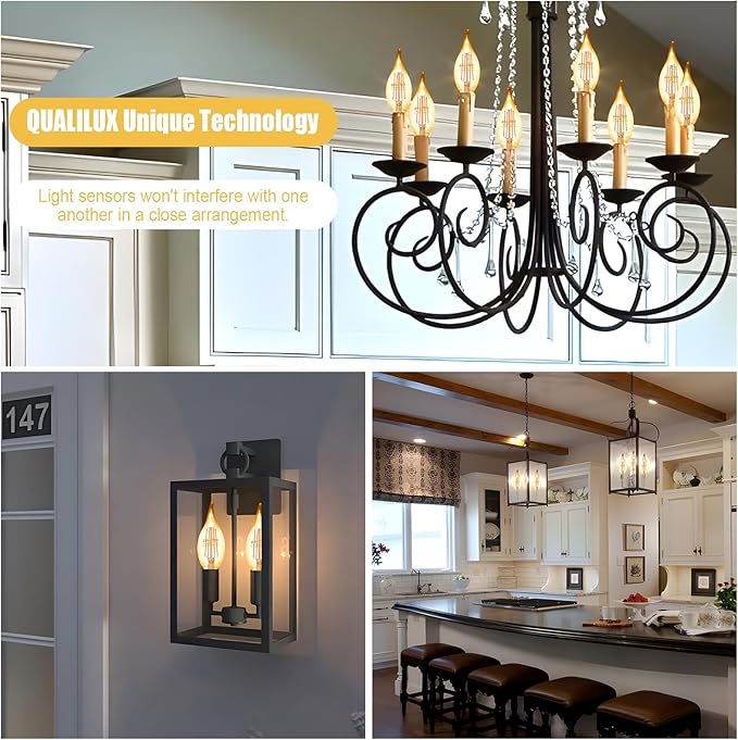 Qualilux Dusk to Dawn Candelabra LED Bulbs CA11, Vintage Full Amber Glass, Non-Plastic, Warm Amber 2300K, 4W=40W, 400LM Auto On/Off Light Sensing Bulb, Non-dimmable, E12 Base, 6-Pack, HQ-H049