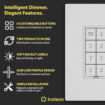 INSTEON 2334-222 Keypad Dimmer Switch (Dual-Band), 8-Button, White | Controls Up to 7 Devices, 150W LED, Dual-Band Smart Switch, Neutral Wire Required, Hub Required for Alexa & Google Assistant