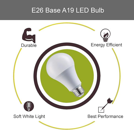 A19 LED Light Bulbs - E26 Base, 60W, 800 Lumens, Soft White 3000K Illumination - Dimmable, Energy Saving Outdoor & Indoor Home, Commercial Lighting - 80+ CRI, 10-Year Life - 24-Pack