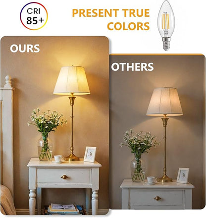 Dimmable 4 watt led Light Bulbs, 2700K Warm White, 600Lumens, 40Watt Equivalent，Edison Vintage Chandelier Light Bulbs, LED Filament Clear Glass Candle Lamp for Ceiling Fan Home Decor 24Pack