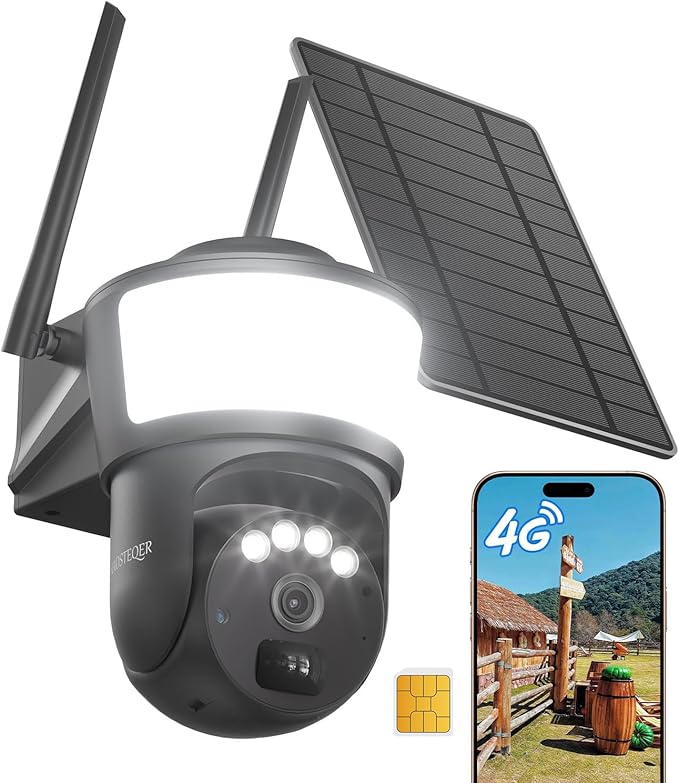 4G LTE Cellular Solar Security Camera Wireless Outdoor, No WiFi Security Camera with Powerful Spotlight, Free Cloud Storage(Need Apply), 2K Cameras for Home Security, PTZ 360° View for Farm Ranch RV