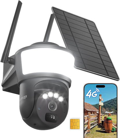 4G LTE Cellular Solar Security Camera Wireless Outdoor, No WiFi Security Camera with Powerful Spotlight, Free Cloud Storage(Need Apply), 2K Cameras for Home Security, PTZ 360° View for Farm Ranch RV