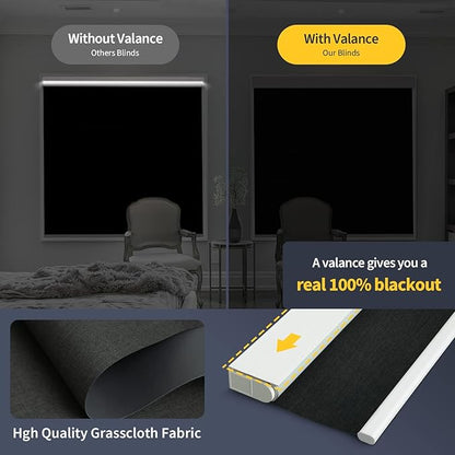 Motorized Smart Blinds With Remote, Grasscloth Fabric Roller Shades With Valance Cover, Cordless Automatic Blackout Electric Blinds for Windows, Black 34" W x 72" H