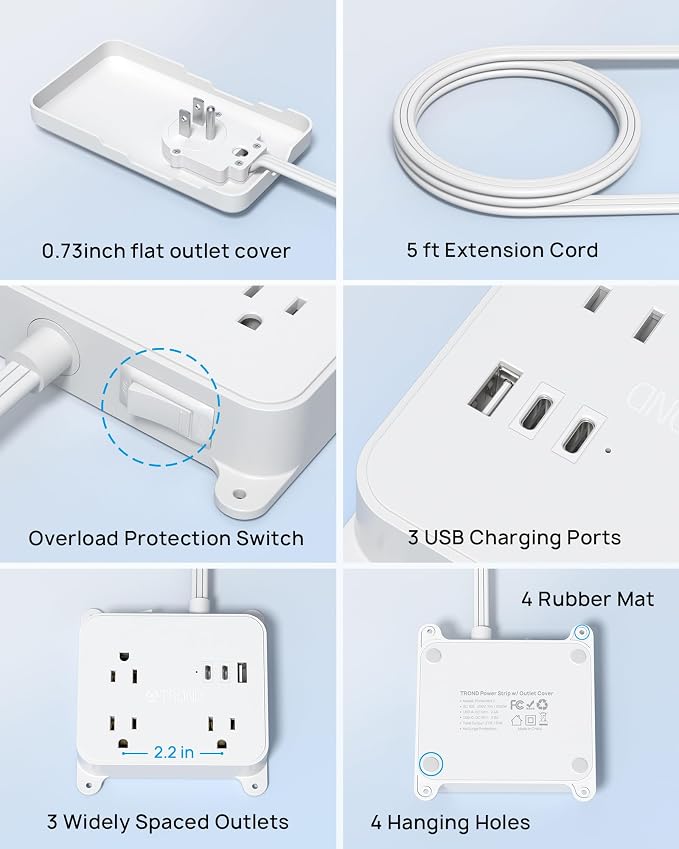 TROND Flat Outlet Cover Extension Cord, 3 AC Widely Spaced with 2 USB C | 5FT Plug Concealer Power Strip, Wall Mount Behind TV, Hidden Under In-Drawer Desk Cabinet Vanity Counter