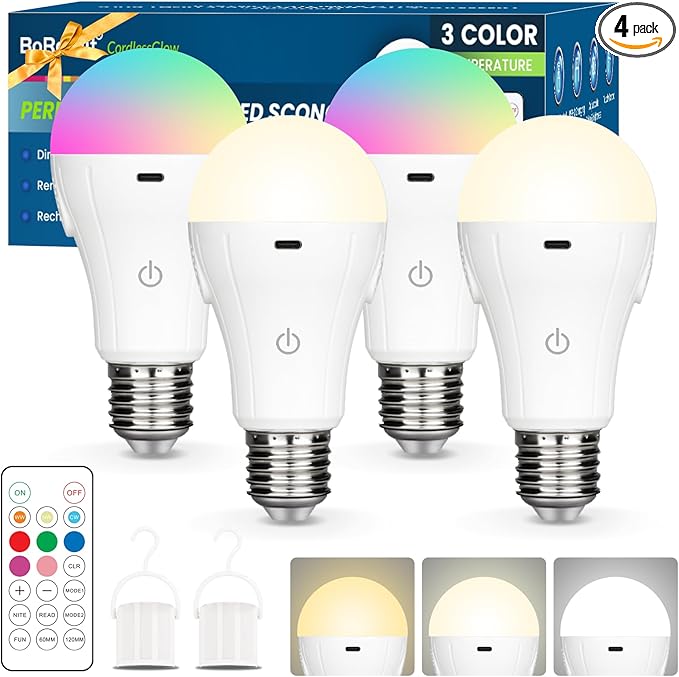 BoRccdit CordlessGlow Rechargeable Light Bulbs with Remote,5 RGB + 3 CCT Dimmable Battery Operated Light Bulb for Hardwired & Non-Wired Lamps Sconces,Presets + Custom Scenes,Up to 24 Hours, 4PK
