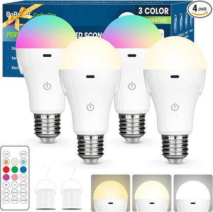BoRccdit CordlessGlow Rechargeable Light Bulbs with Remote,5 RGB + 3 CCT Dimmable Battery Operated Light Bulb for Hardwired & Non-Wired Lamps Sconces,Presets + Custom Scenes,Up to 24 Hours, 4PK