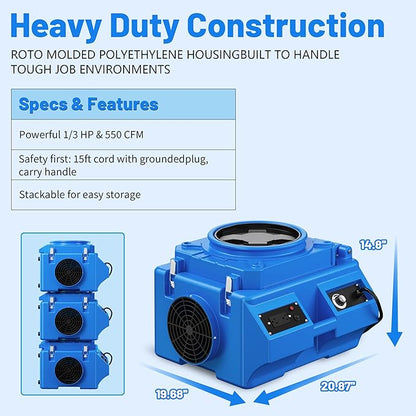 Air Scrubber with 3-Stage Filtration, 550CFM HEPA Air Machine Stackable Negative, Air Cleaner with MERV10, Carbon, H13 HEPA, for Home, Industrial and Commercial Use, Blue