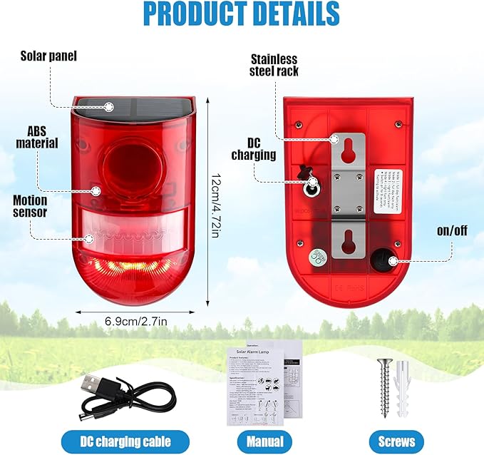 Qualirey Solar Sound and Light Alarm Motion Sensor 129db Outdoor Security Siren Waterproof Activated Detector Driveway Alarm 6 LEDs Flash Warning Deterrent Strobe System for Home, Farm(Red,8 Pack)