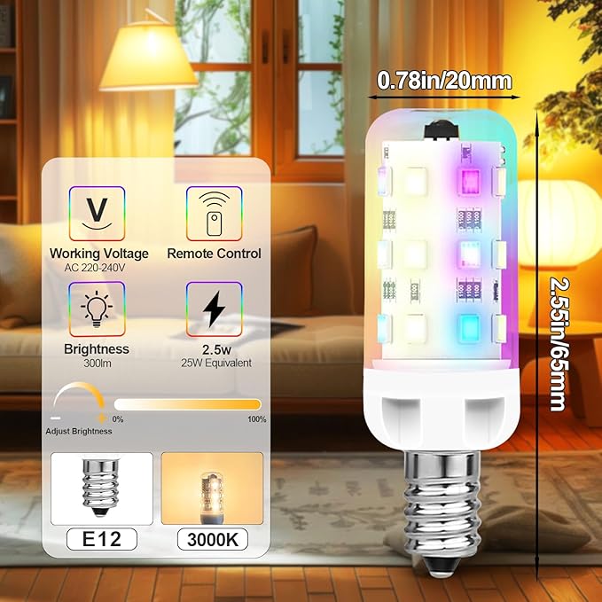 XRise E12 LED Bulb 2.5W Dimmable RGB+Warm White Color Changing with Remote Control Equivalent 25W Halogen E12 Base LED Light Bulbs 3000K 250LM, No Flicker,4 Pack
