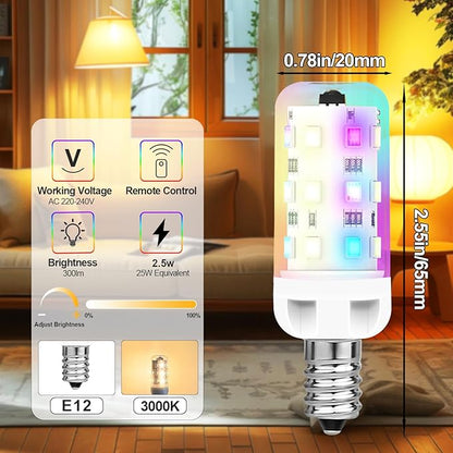 XRise E12 LED Bulb 2.5W Dimmable RGB+Warm White Color Changing with Remote Control Equivalent 25W Halogen E12 Base LED Light Bulbs 3000K 250LM, No Flicker,9 Pack