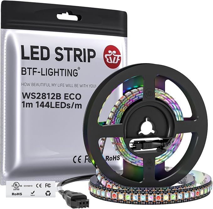 BTF-LIGHTING WS2812B ECO RGB LED Strip,UL Listed,Individually Addressable,3.28FT 144LED/m 144Pixel DC5V 5050SMD,Alloy Wire Flexible 3M Tape for DIY Chasing Color Project IP30(No Adapter or Controller)