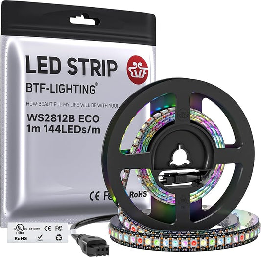 BTF-LIGHTING WS2812B ECO RGB LED Strip,UL Listed,Individually Addressable,3.28FT 144LED/m 144Pixel DC5V 5050SMD,Alloy Wire Flexible 3M Tape for DIY Chasing Color Project IP65(No Adapter or Controller)