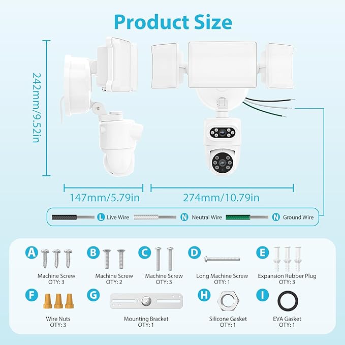 Olafus 2K Dual Lens Security Camera Outdoor, 360° Auto Tracking, 5500LM Floodlight, Color Night Vision, Motion Detection, 2-Way Audio, Alexa/Google Home, 2.4G WiFi Flood Light Camera Outdoor Wired