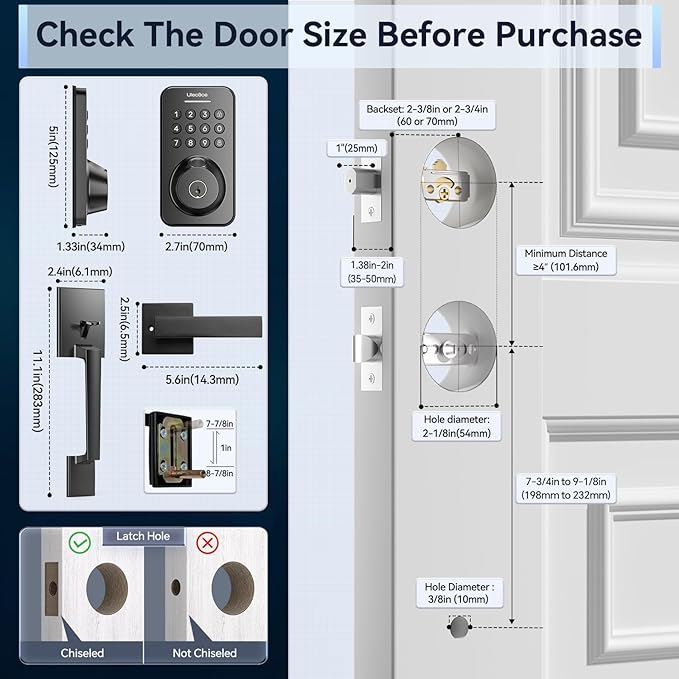 Ulecoce Fingerprint Keypad Deadbolt with Handle Set, Keyless Entry Door Lock, Door Locks for Front Door Lock Set, App Control, Auto Locking, Easy to Install, Matte Black