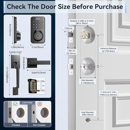 Ulecoce Fingerprint Keypad Deadbolt with Handle Set, Keyless Entry Door Lock, Door Locks for Front Door Lock Set, App Control, Auto Locking, Easy to Install, Matte Black