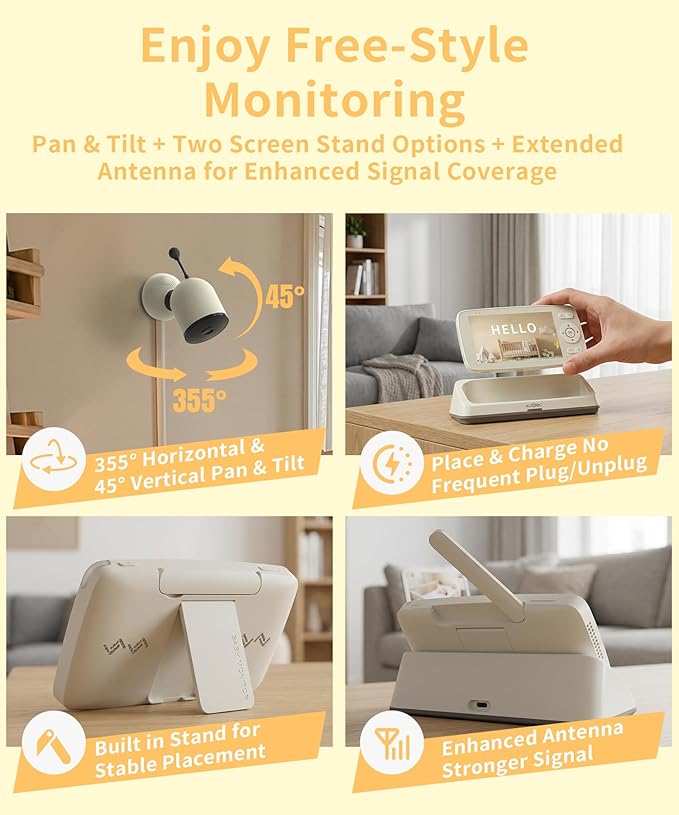 ALIOBC Smart Baby Monitor with Camera and Audio WiFi & No-WiFi Modes AI Cry Detection Night Vision 1080p FHD Camera and 5" Large Screen Two-Way Talk 1000ft Range Smart Alert Easy Setup for New Parents