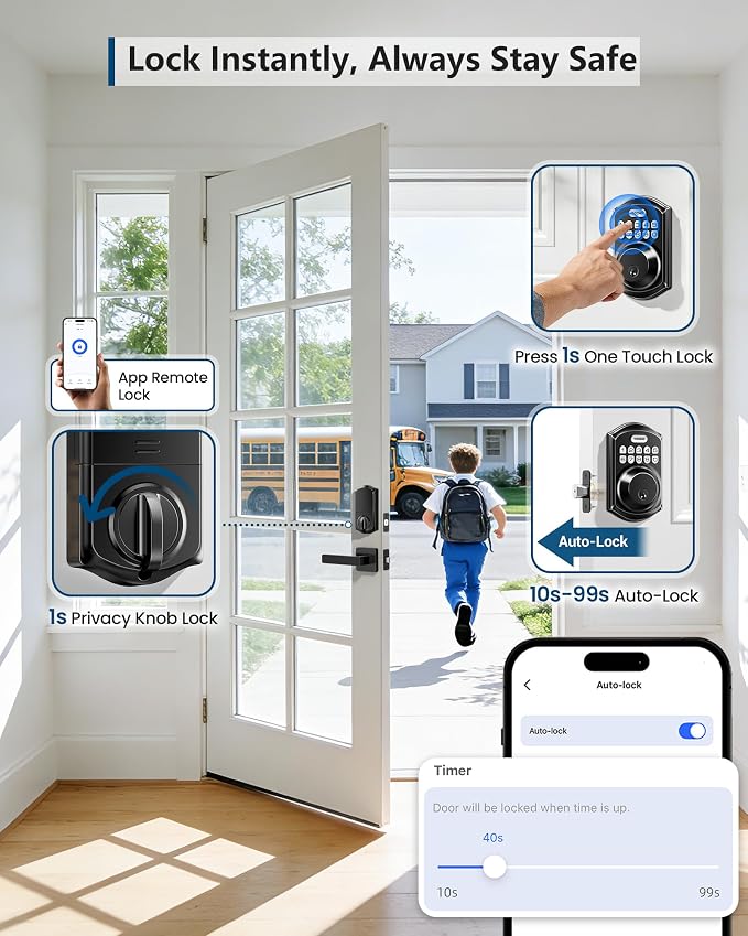 TEEHO TE011W WiFi Keypad Deadbolt, Smart Locks for Front Door, Matte Black