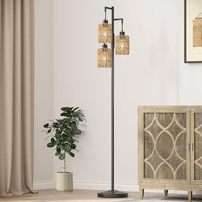 Oneach 70" Floor Lamps for Living Room, Stepless Dimmable Boho Floor Lamp with 3 Bulbs, Tall Farmhouse Industrial Corner Standing Tree Lamp for Bedroom, Office, Study Room, Dining Room, Black