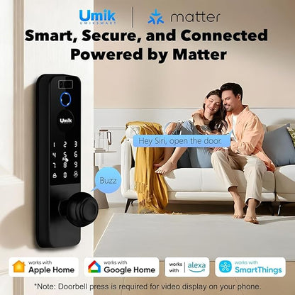 Matter Smart Lock with Camera & Doorbell, 3D Face Recognition Fingerprint WiFi Deadbolt, Keyless Entry Digital Keypad for Apartment, Works with Apple Home, Tuya App Control, Black