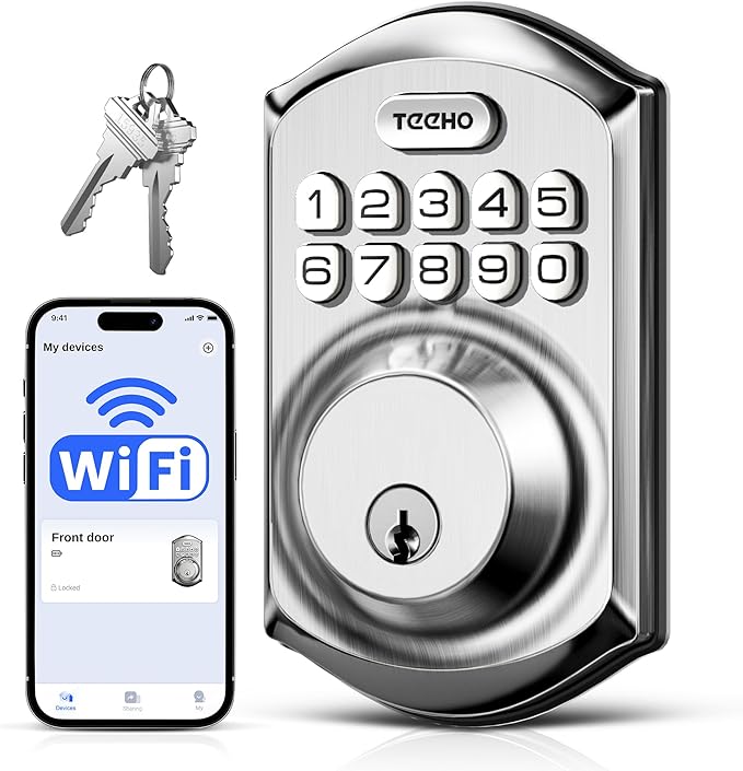 TEEHO TE011W Wi-Fi Keyless Entry Door Lock with Keypad - Smart Deadbolt Lock for Front Door with 2 Keys - Remote Control, Works with Alexa & Google, APP Unlock - Easy Installation - Satin Nickel