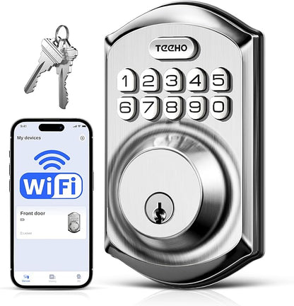 TEEHO TE011W Wi-Fi Keyless Entry Door Lock with Keypad - Smart Deadbolt Lock for Front Door with 2 Keys - Remote Control, Works with Alexa & Google, APP Unlock - Easy Installation - Satin Nickel