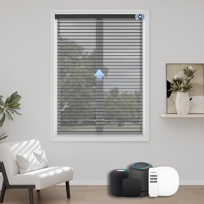 Motorized Sheer Shades with Remote, Automatic Dual-Layered Shades for Windows, Smart Light Filtering Blinds Compatible with Alexa, Custom Size (Room Darkening Black)