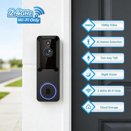 1080p Wireless Wi-Fi Video Doorbell Camera with AI Human Motion Detection, Battery Powered, 2.4G WiFi, Dog Monitor, Night Vision, 2 Way Talk, Cloud Storage (Sold Separately)