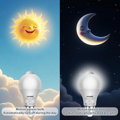 Motion Sensor Light Bulb, Indoor Motion Activation Detector Light Bulb, Dusk to Dawn Security Night Light A19 E26 13W Equivalent 100W 3000K Warm White, 5 Packs (A19PIRX301)