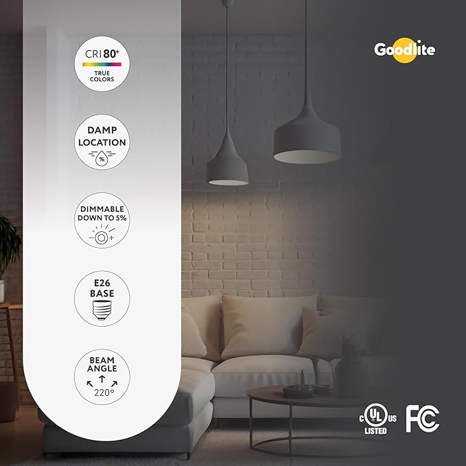 Goodlite A19 LED Bulb, 5 Color Selectable 3000K-3500K-4100K-5000K-6500K, 1500 Lumens, 15W (100W Equivalent), High CRI, 5% Dimmable, UL Listed, Enclosed Fixtures & Damp Rated, 15,000 Hr. 25pk (G-10883)